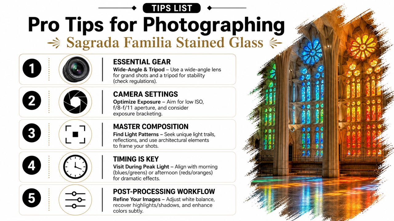 An informative infographic with five professional tips for photographing the stained glass at the Sagrada Familia.