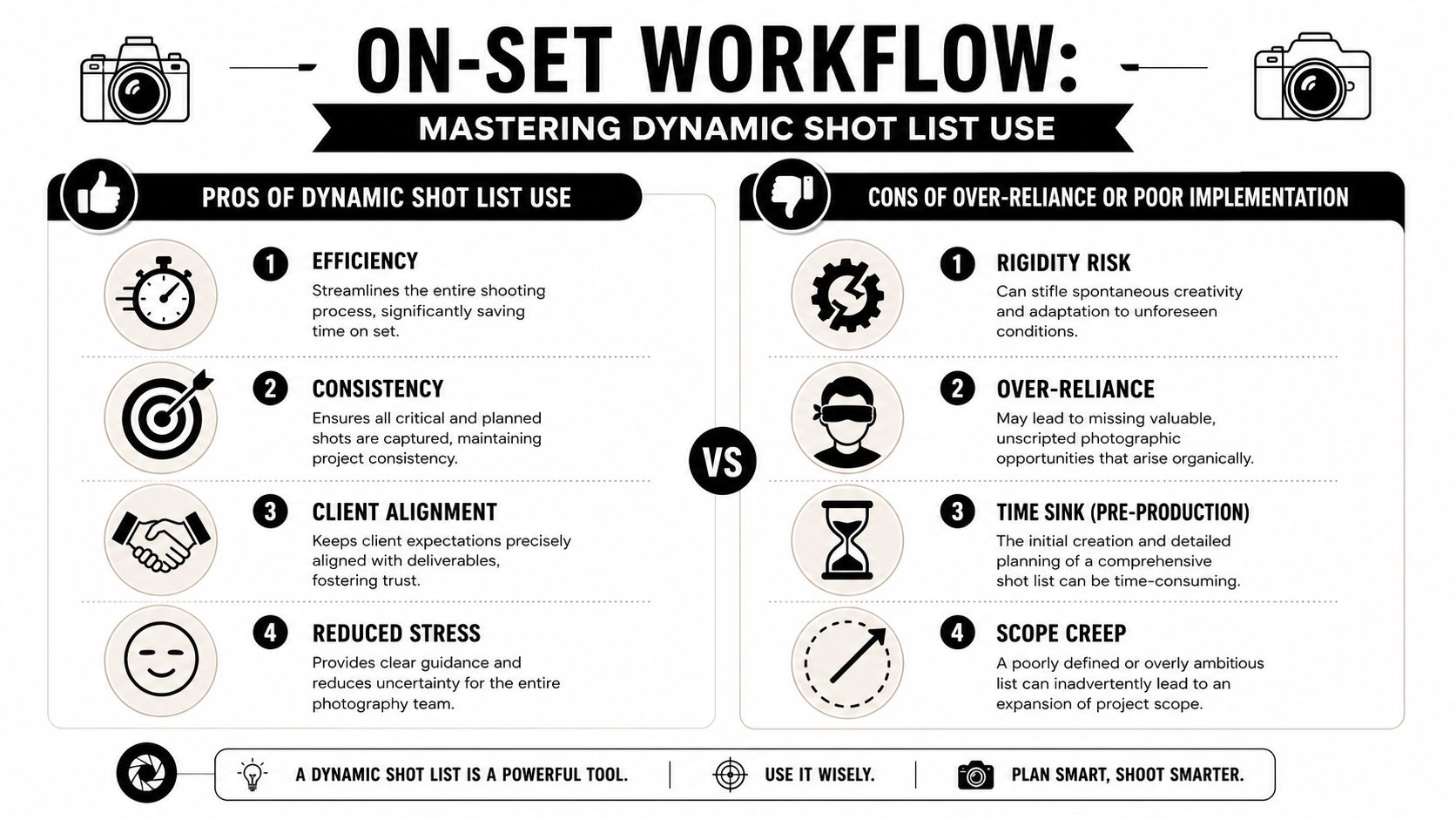 An infographic comparing the pros and cons of using a dynamic shot list during photography production.