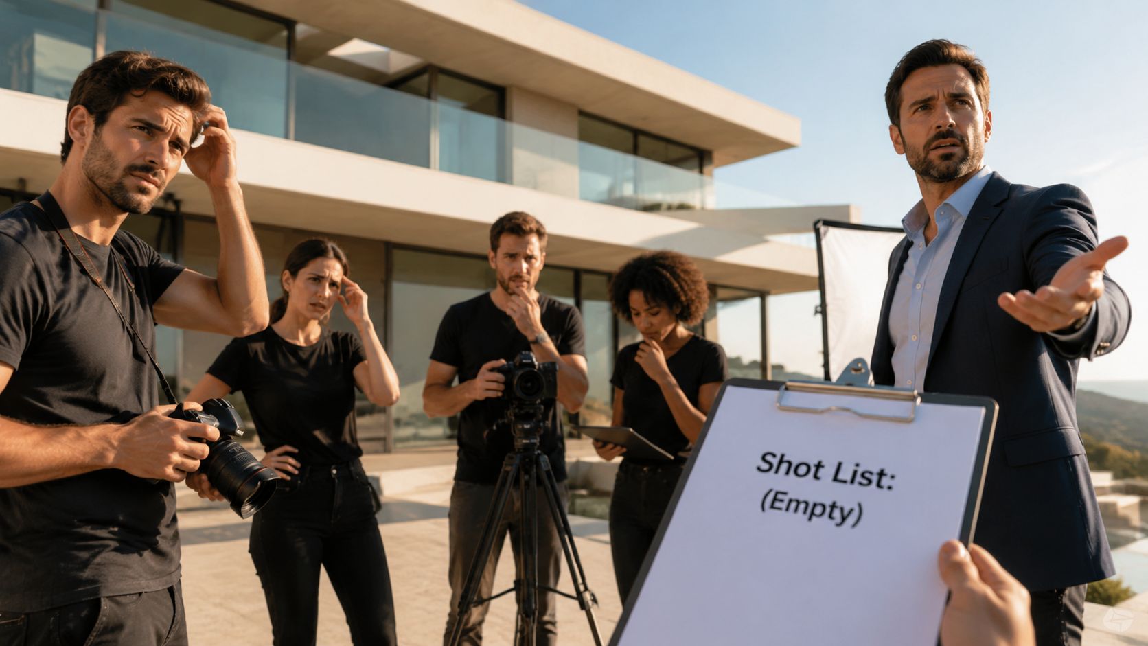 A professional film crew standing outside a modern villa looking concerned at an empty shot list.