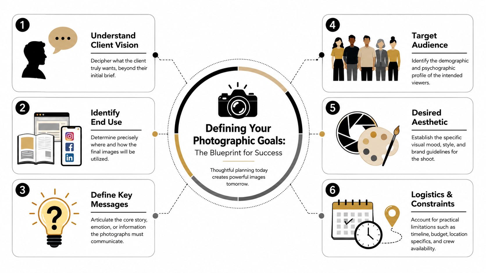 An infographic titled Defining Your Photographic Goals showing six essential planning steps for a successful photo shoot.