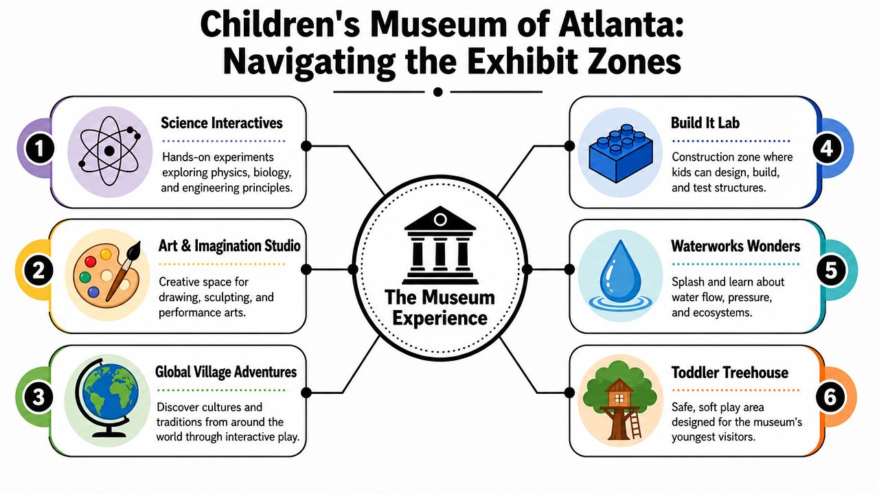 A diagram of the Children's Museum of Atlanta, showcasing six interactive educational exhibit zones for children.