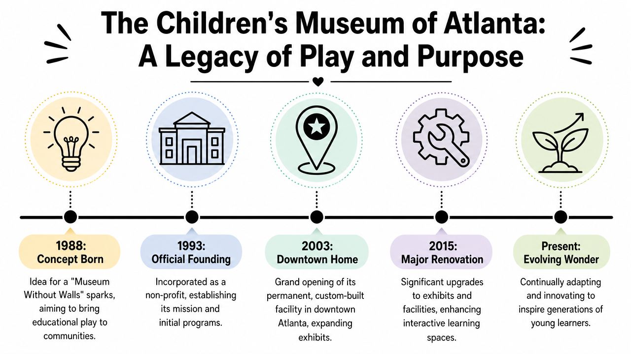A timeline graphic showcasing the historical milestones of The Children's Museum of Atlanta from 1988 to the present.