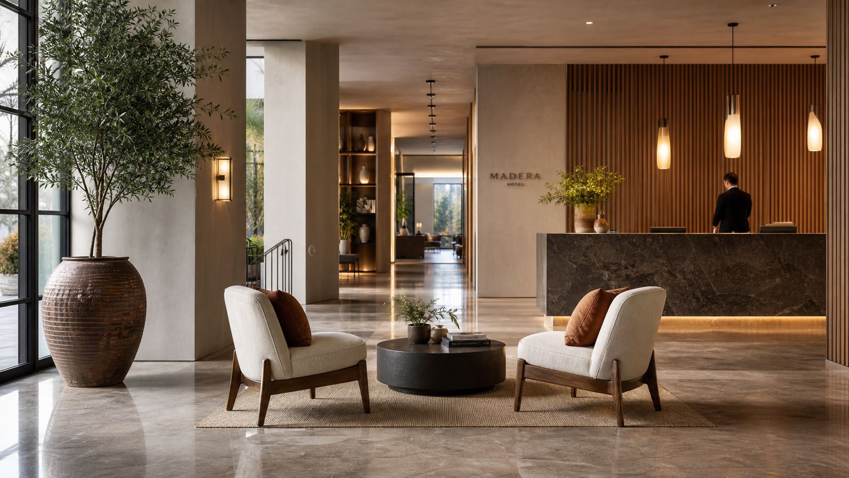 A luxurious, modern Madera Hotel lobby with marble floors, plush armchairs, and warm decorative lighting.
