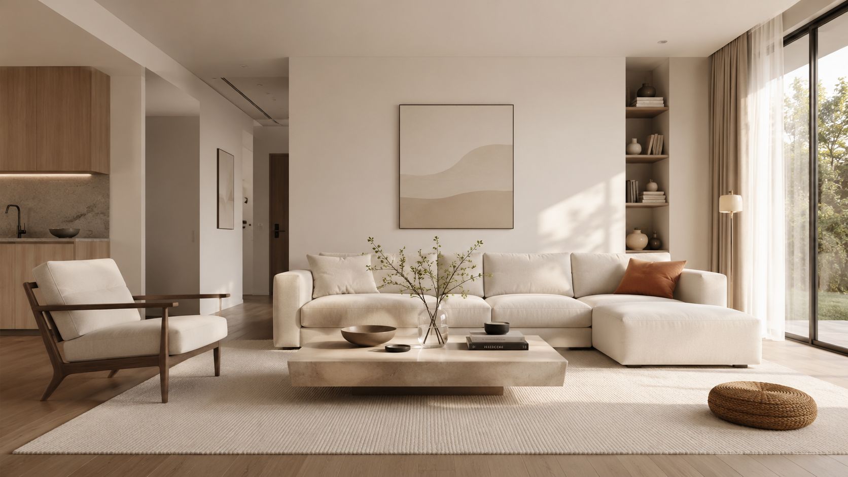 A modern minimalist living room featuring a plush cream sofa, a coffee table, and natural sunlight.