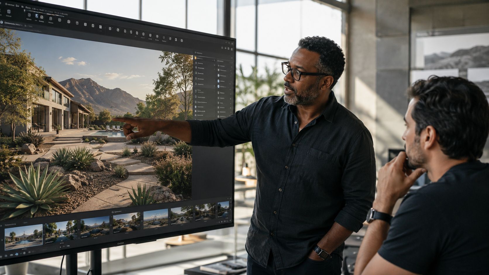 Two professionals collaborating on a virtual location scouting project using a large digital screen display.