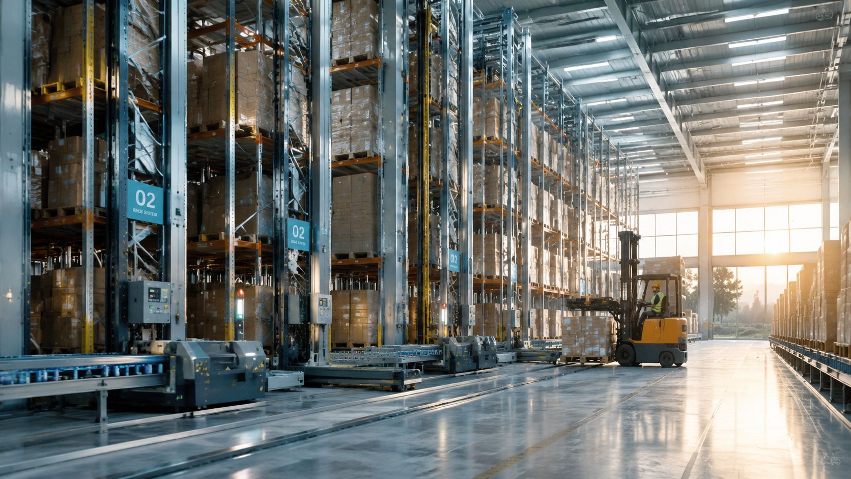 A forklift driver moving a pallet in a modern, highly organized industrial automated warehouse facility.