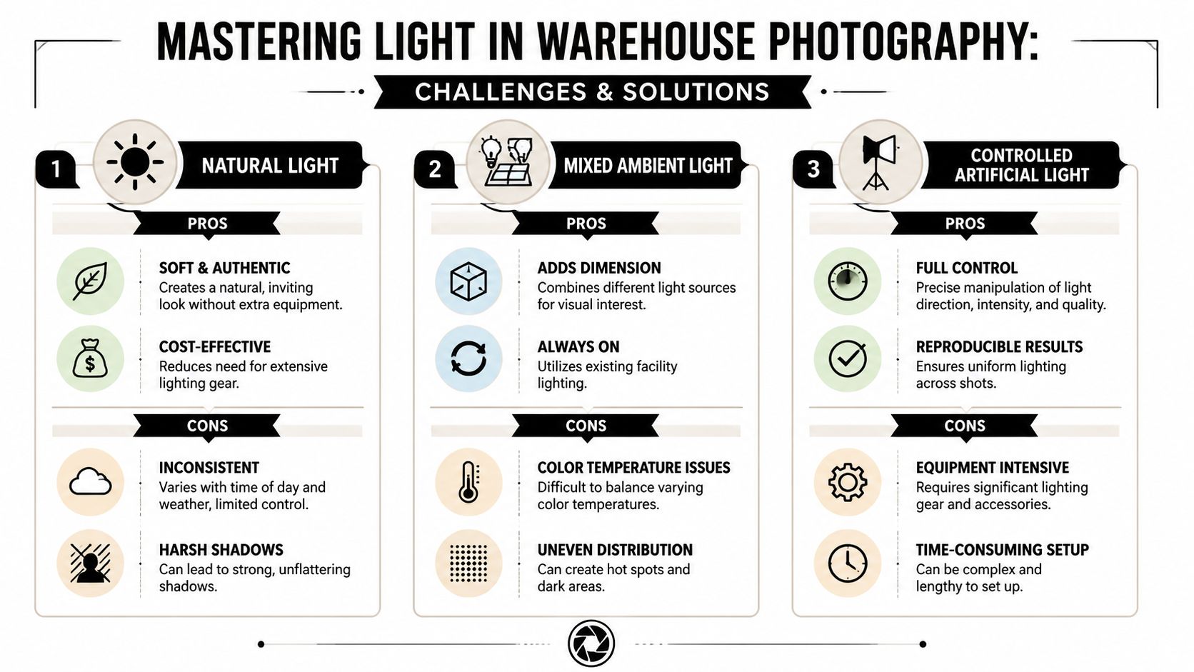 An infographic titled Mastering Light in Warehouse Photography, displaying the pros and cons of three lighting methods.