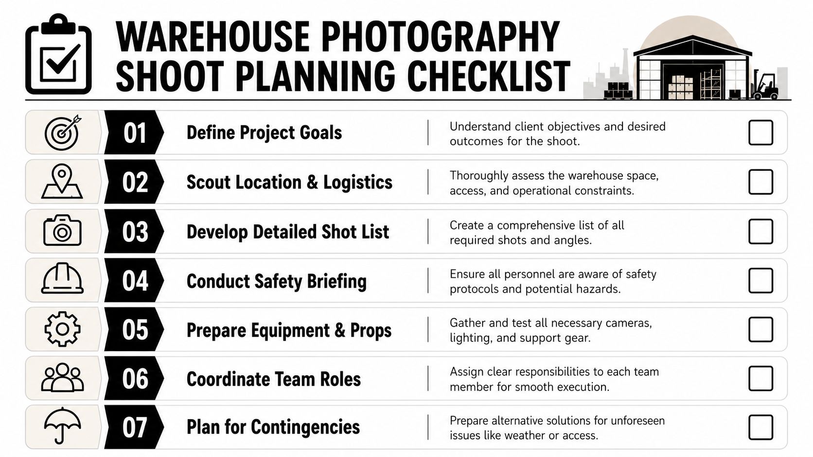 A structured checklist for planning a professional warehouse photography shoot, displayed as a seven-step infographic guide.