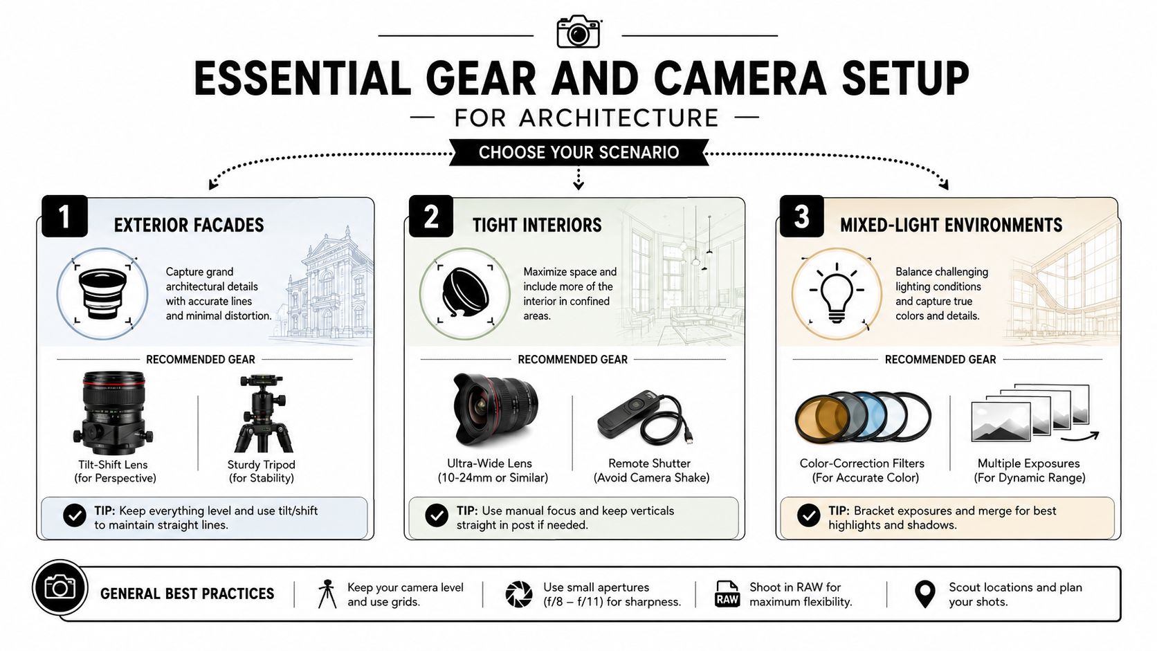A professional infographic showing essential gear and best practices for architectural photography across three common scenarios.
