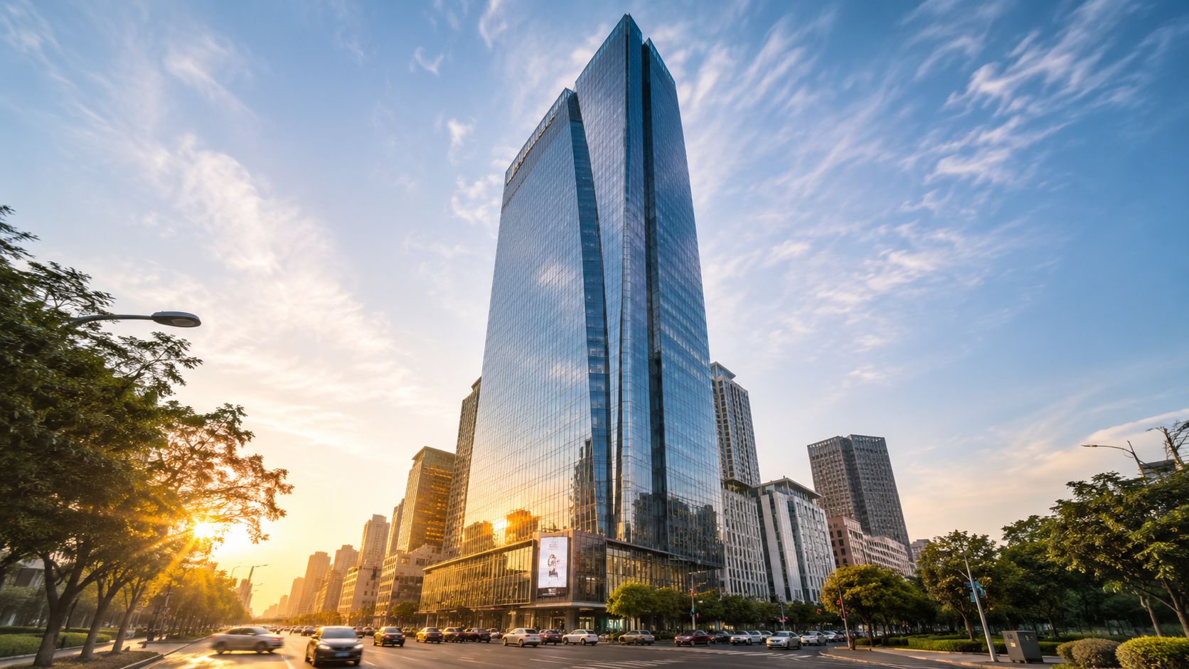 A towering glass skyscraper glows in the golden hour sunlight at an intersection in a busy city.