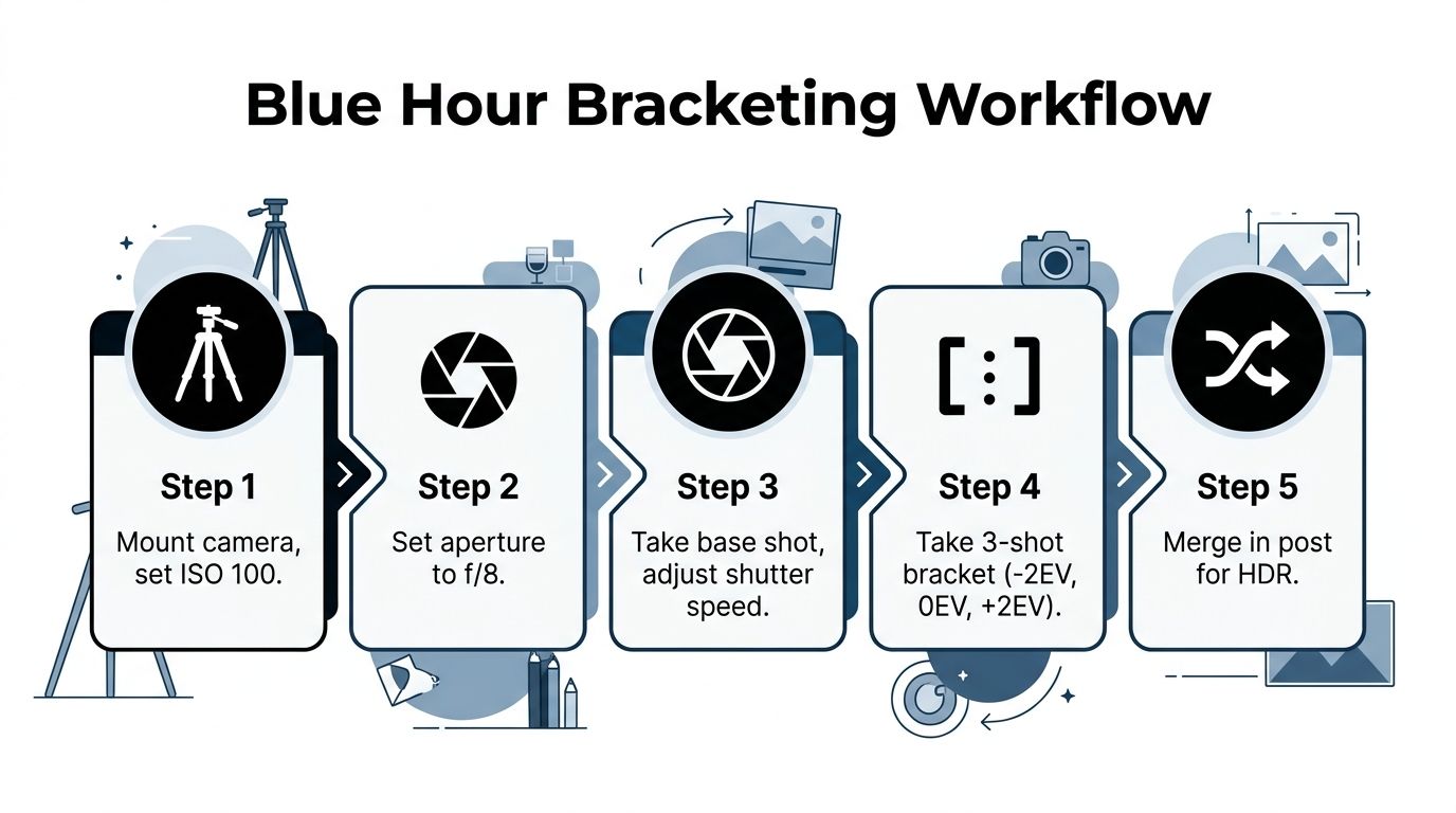 An infographic showing a five-step workflow for capturing blue hour photography images using bracketed exposure settings.