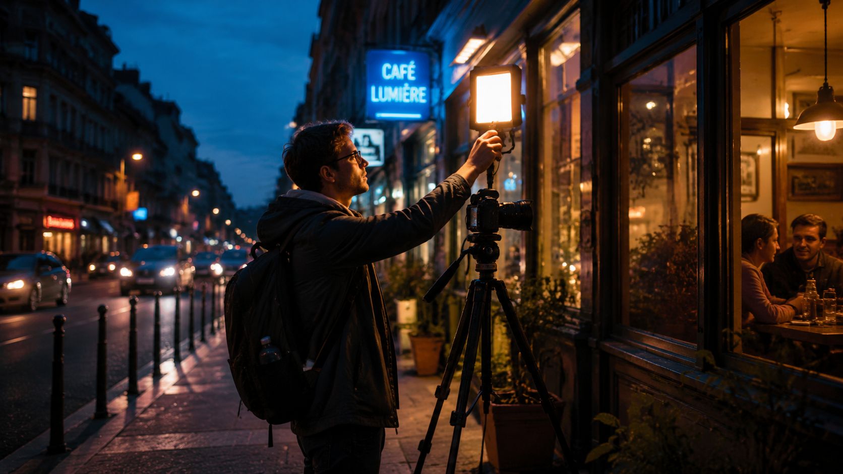 A photographer sets up a camera and LED light on a tripod outside a cafe at night.