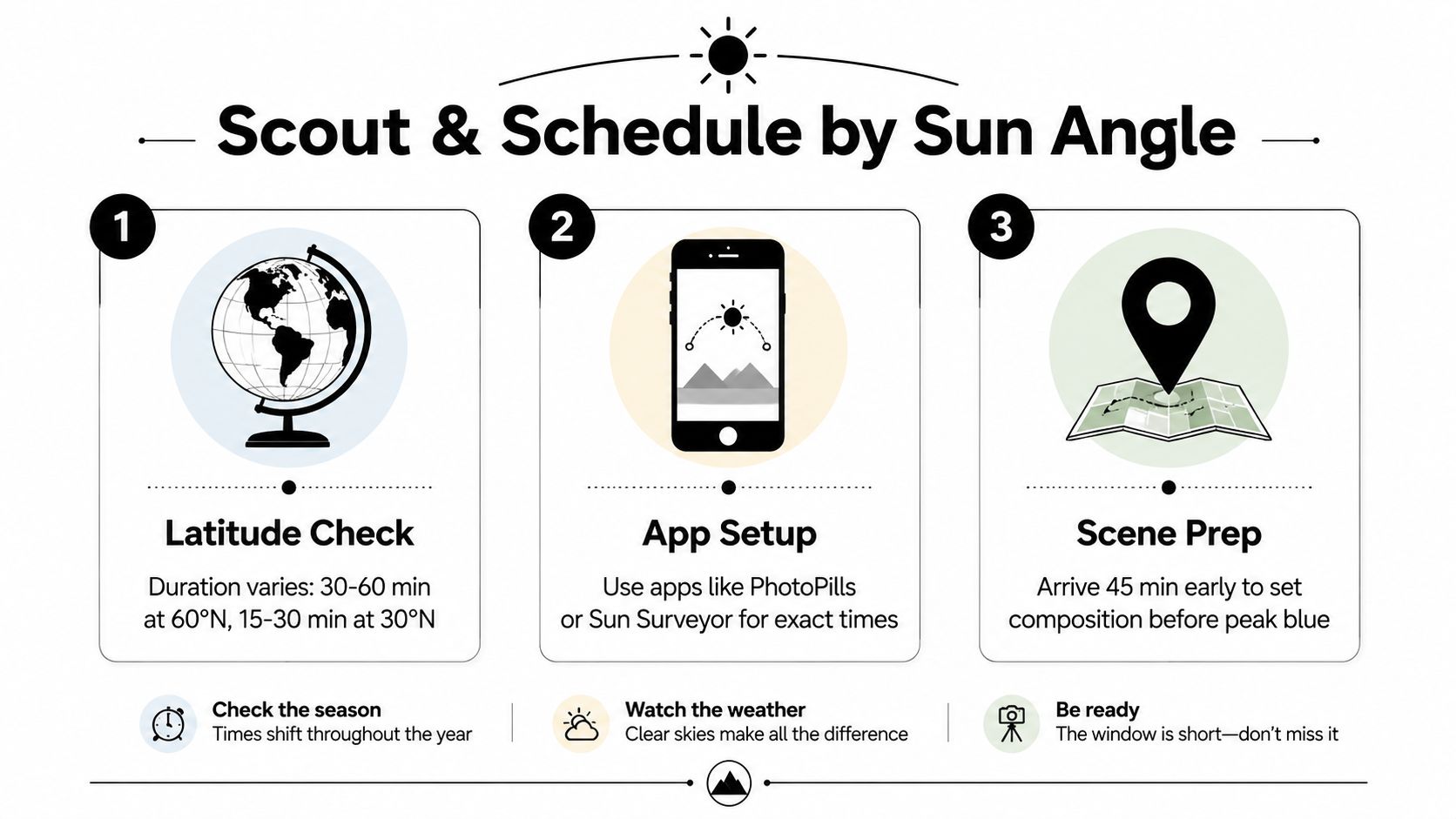 A three-step infographic showing how to plan and scout locations for photography using sun angles.