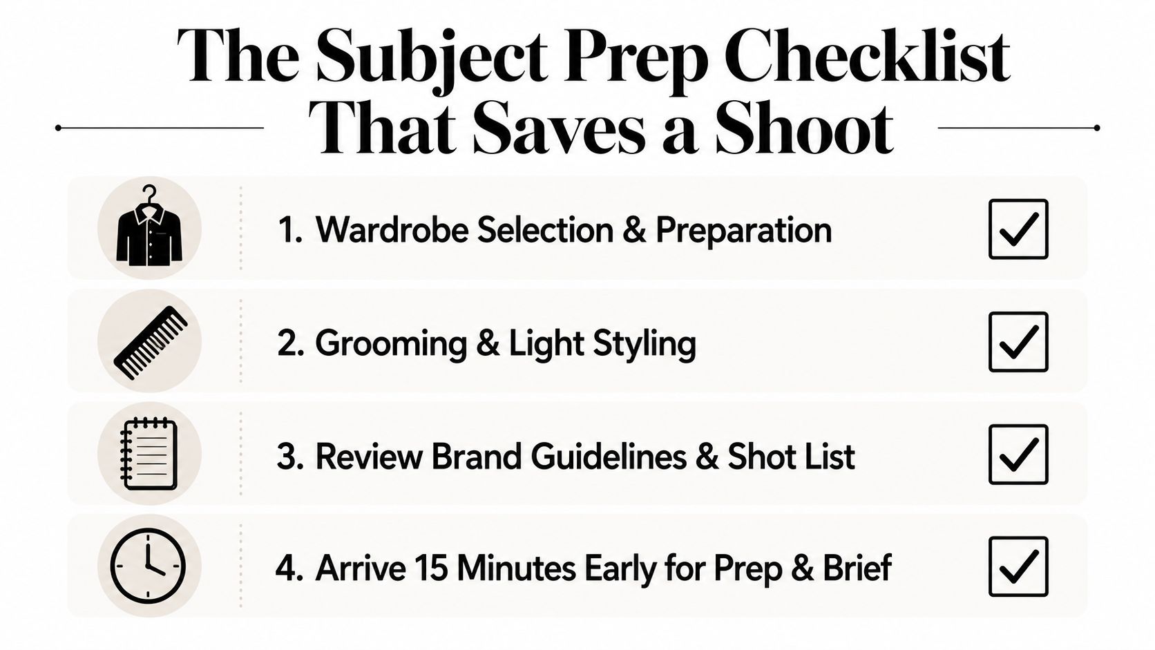 A checklist for photography subjects featuring four steps for preparation before a professional photo shoot.