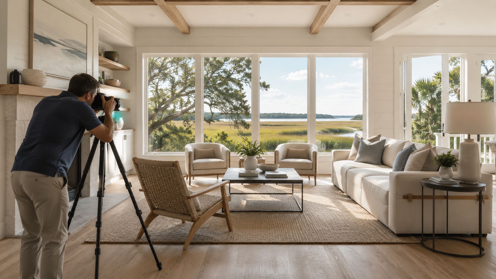 A professional photographer uses a tripod and camera to capture a bright, modern living room with water views.