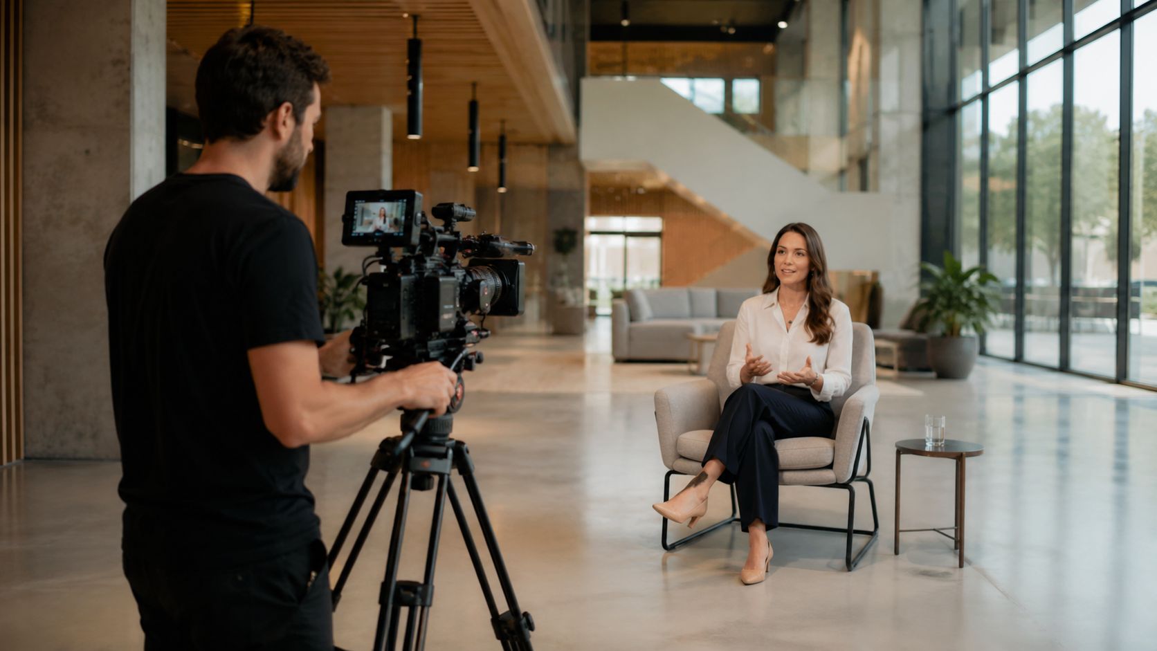 A videographer films a professional businesswoman during an interview in a bright, modern corporate office lobby.