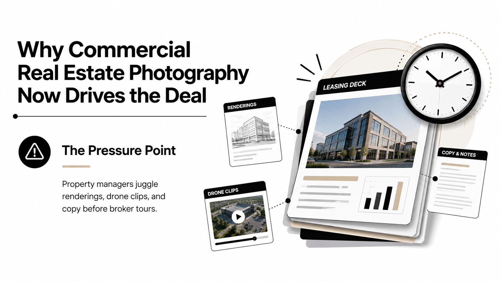 Graphic illustration depicting the importance of commercial real estate photography in streamlining the property leasing process.