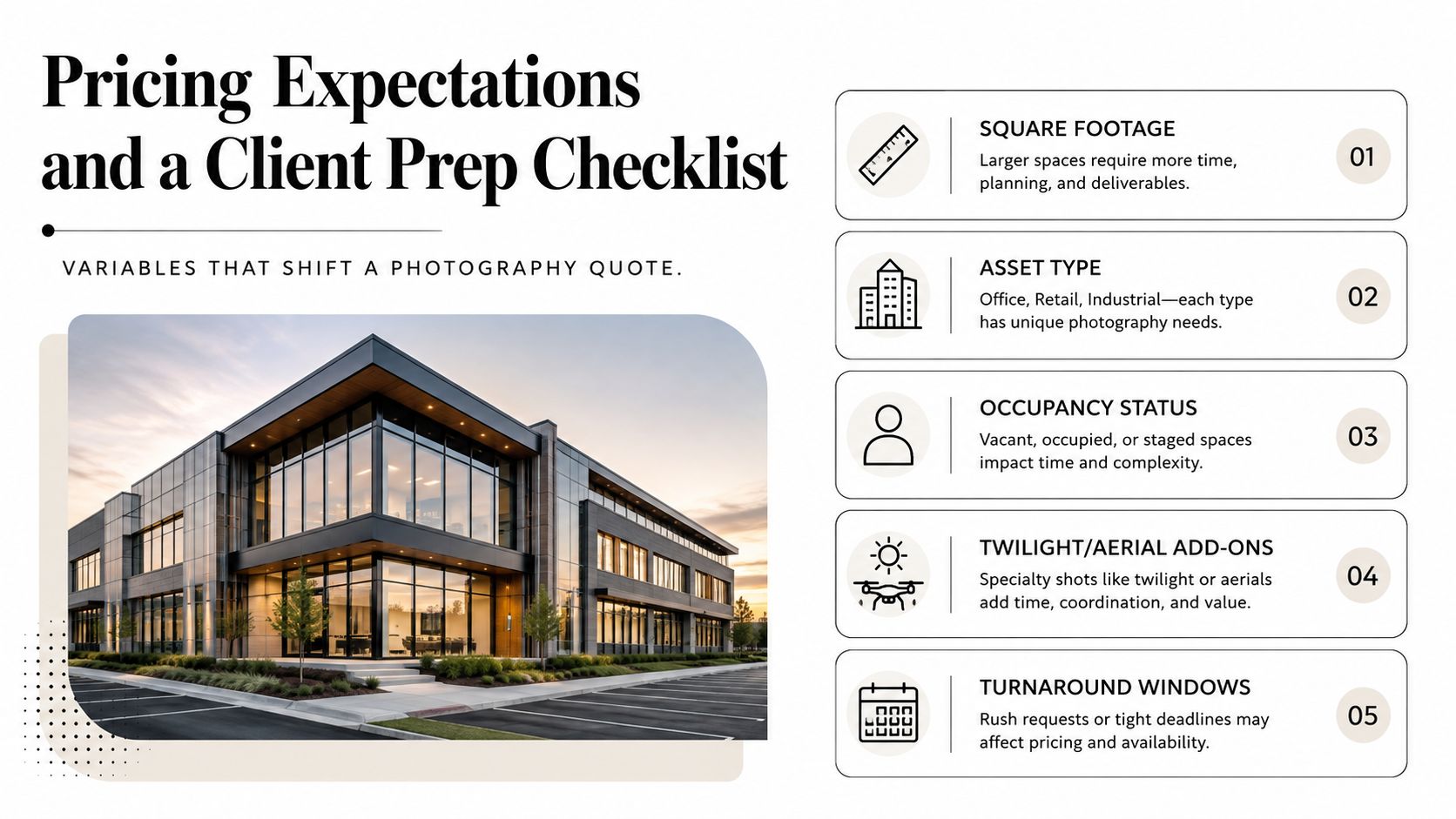 An infographic detailing five key factors that influence pricing for professional commercial real estate photography services.