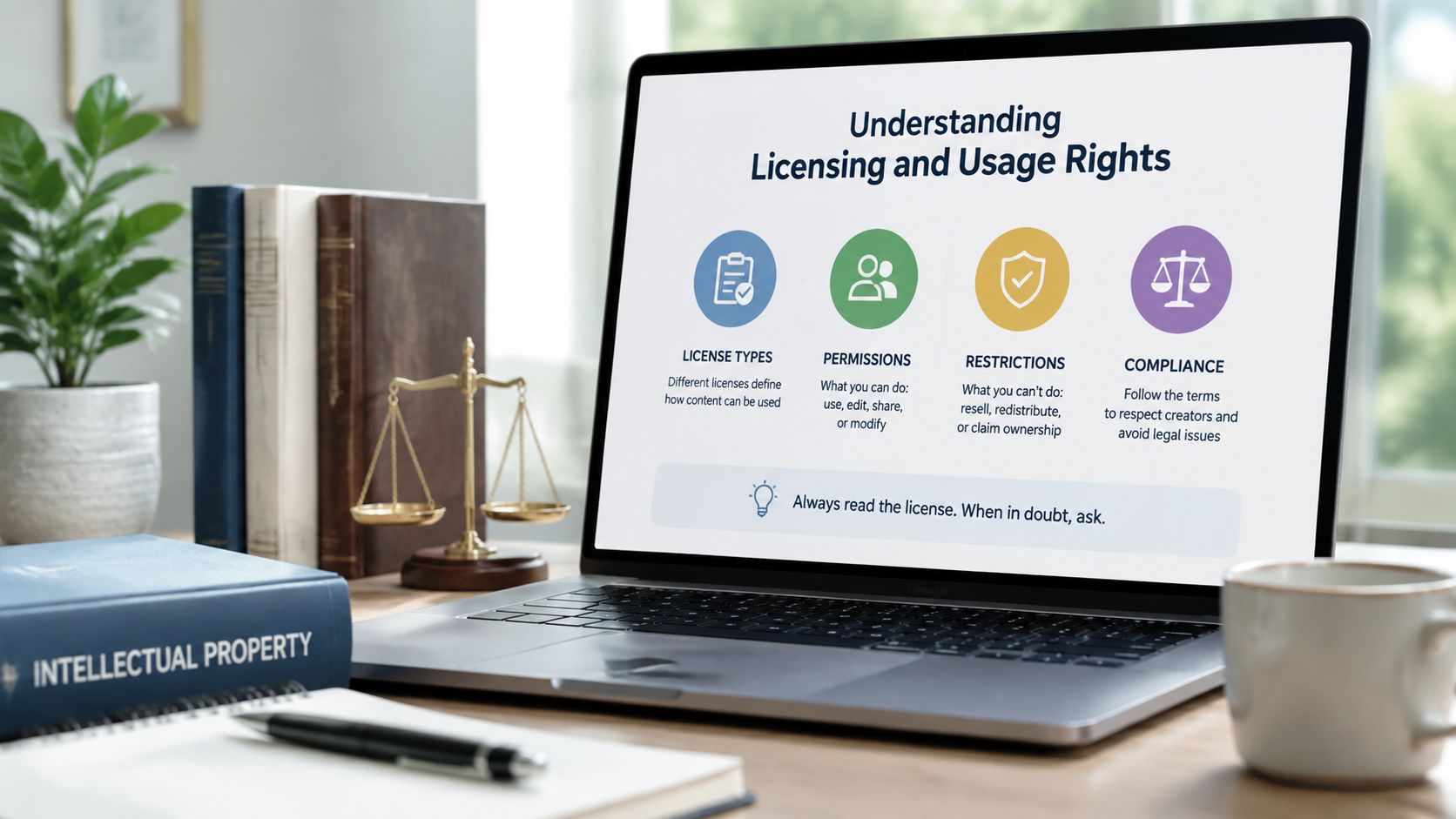A laptop screen displaying an educational infographic about understanding licensing, usage rights, permissions, restrictions, and legal compliance.