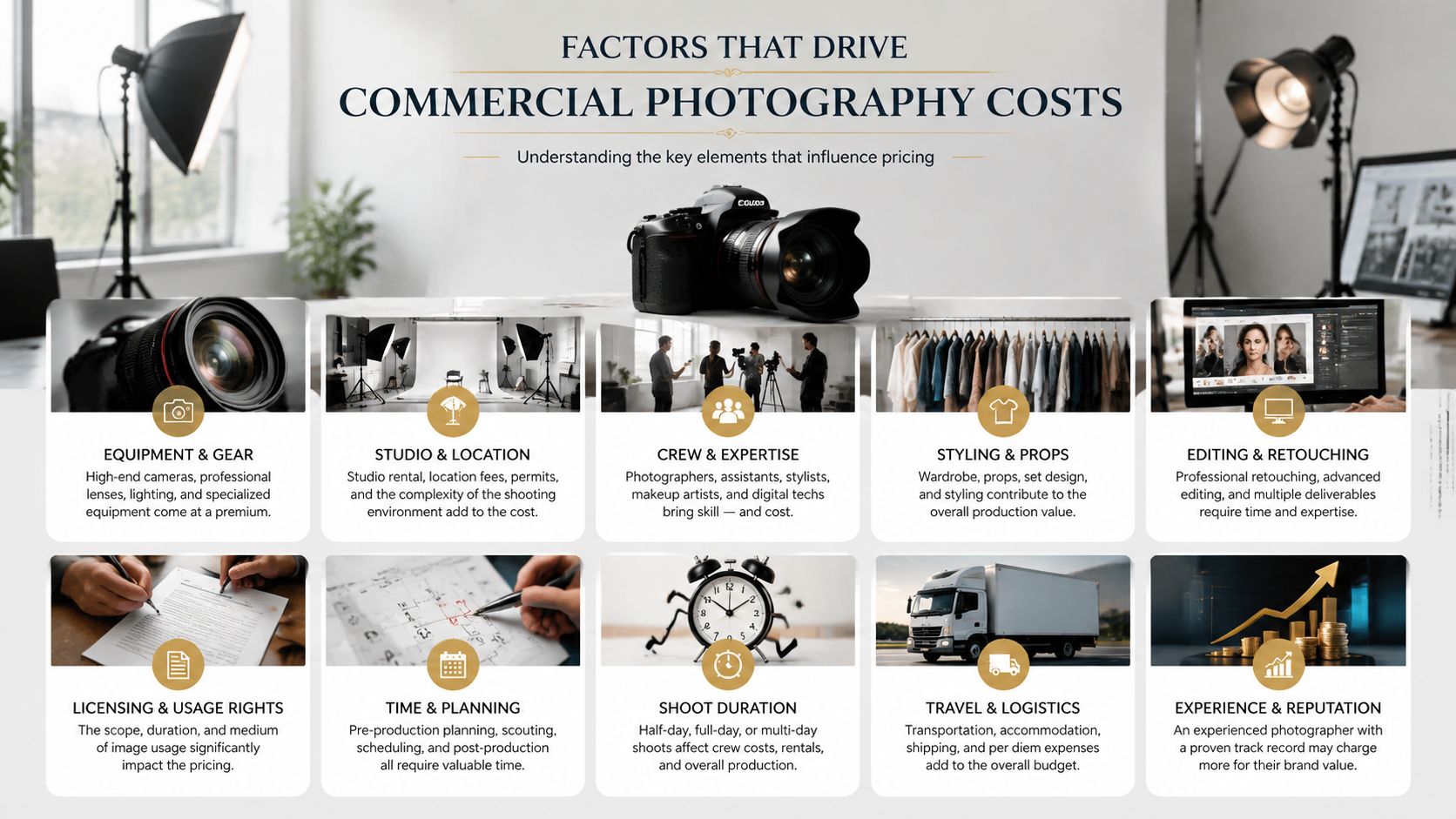 An infographic detailing various factors that drive commercial photography costs, including equipment, studio location, crew, and licensing.