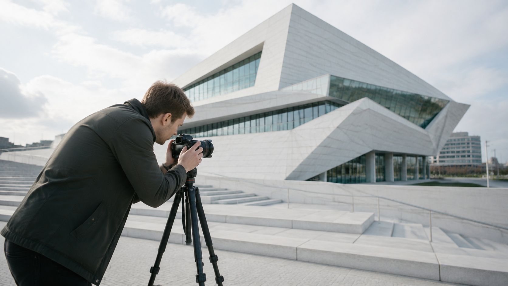A professional photographer uses a camera on a tripod to capture the modern architectural design of a building.