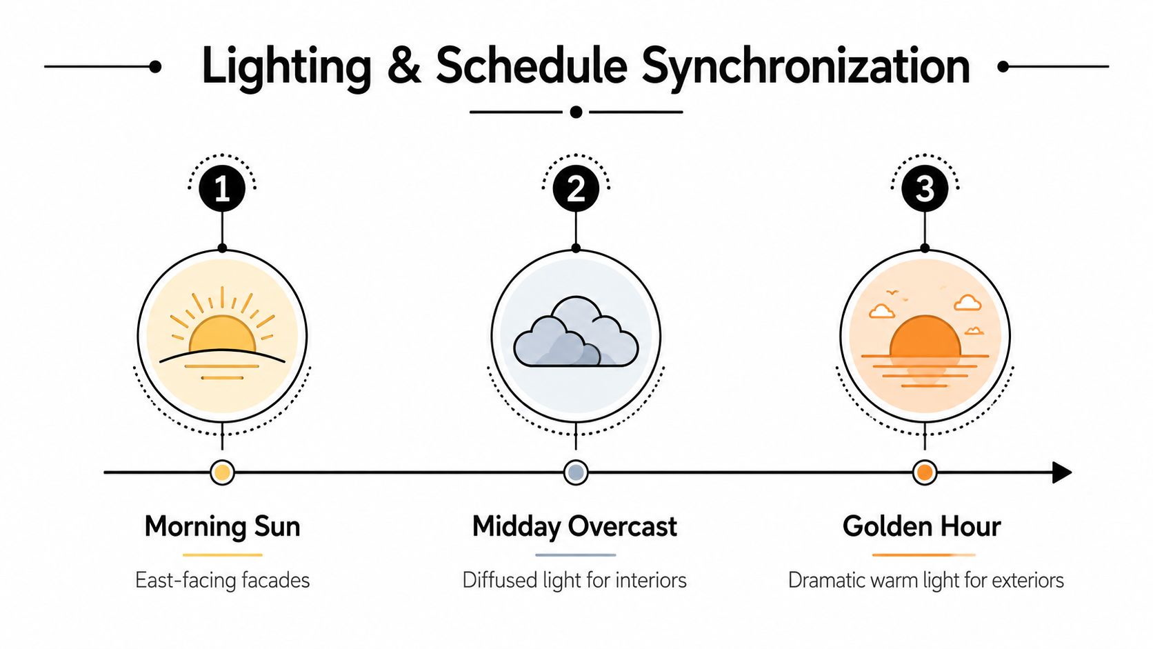 A diagram illustrating lighting and schedule synchronization for morning sun, midday overcast, and golden hour photography.