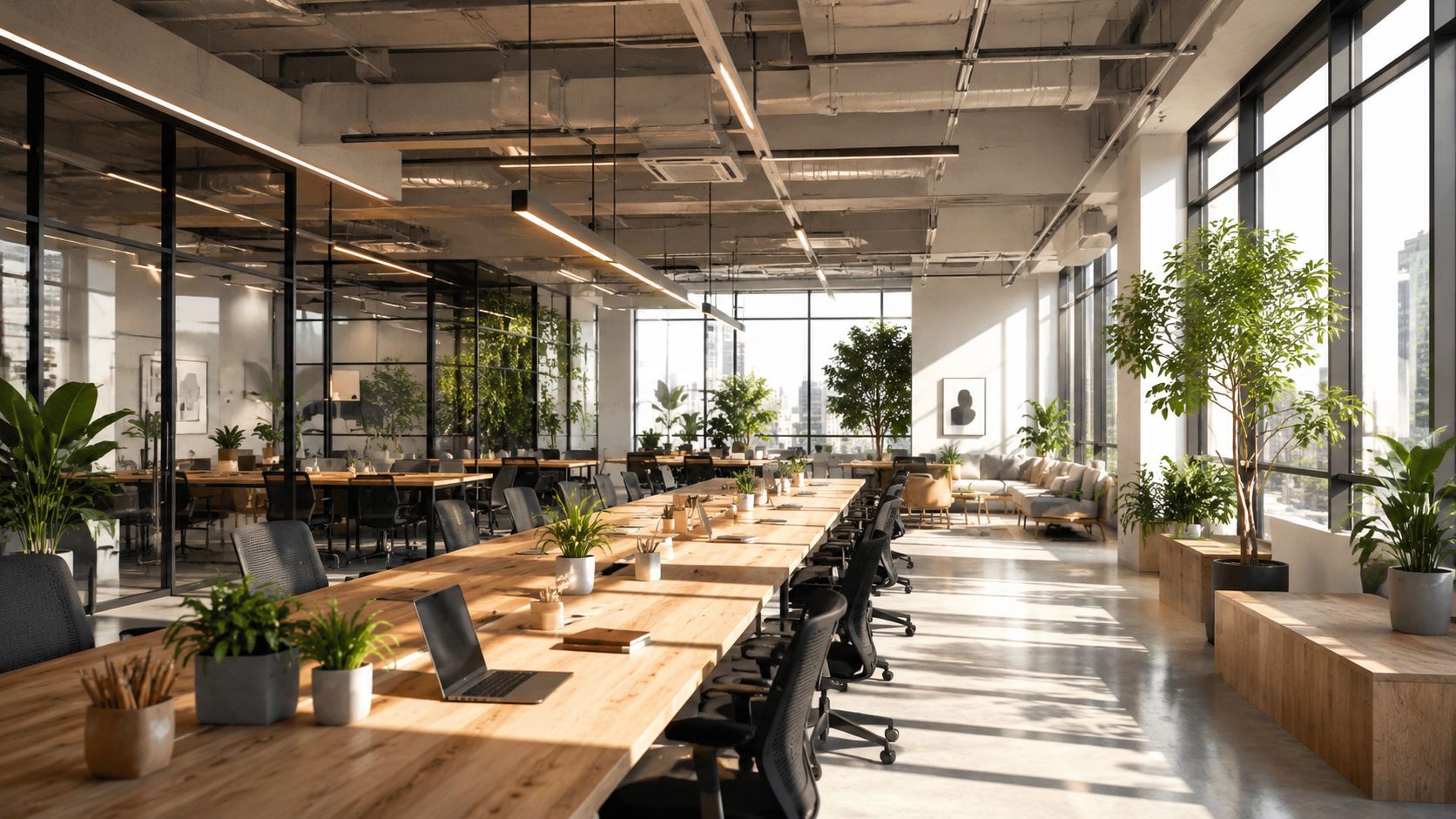 A modern, sunlit corporate office space featuring long wooden tables, ergonomic chairs, and numerous potted indoor plants.