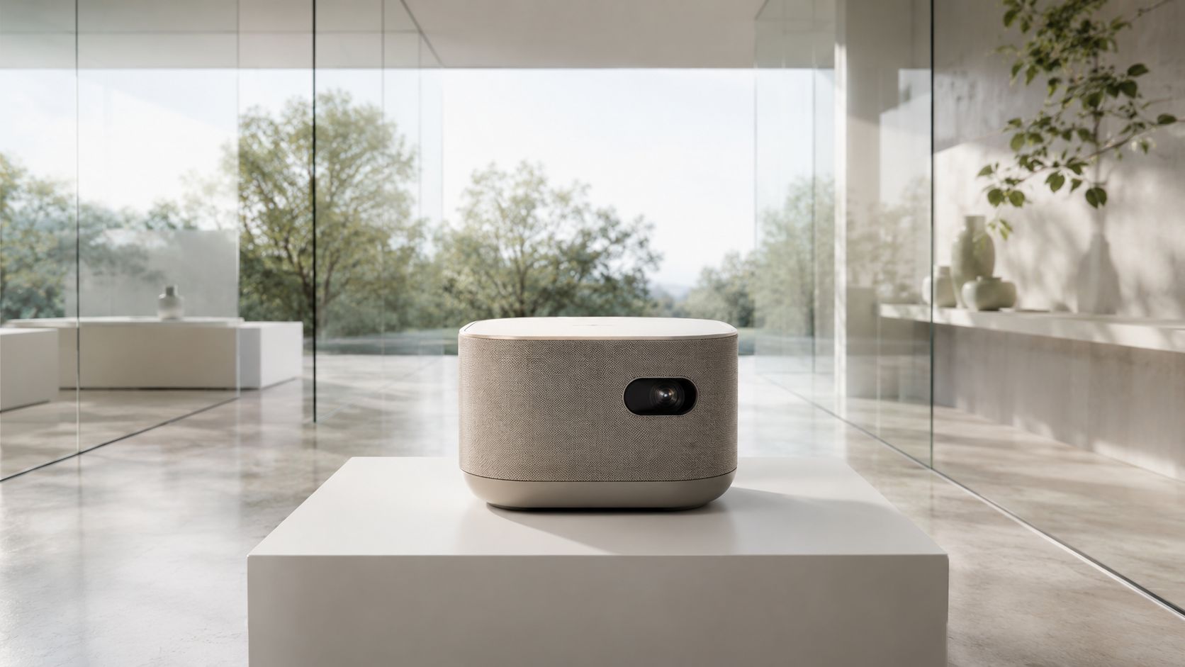 A modern, fabric-covered projector resting on a clean white pedestal inside a minimalist architectural space.