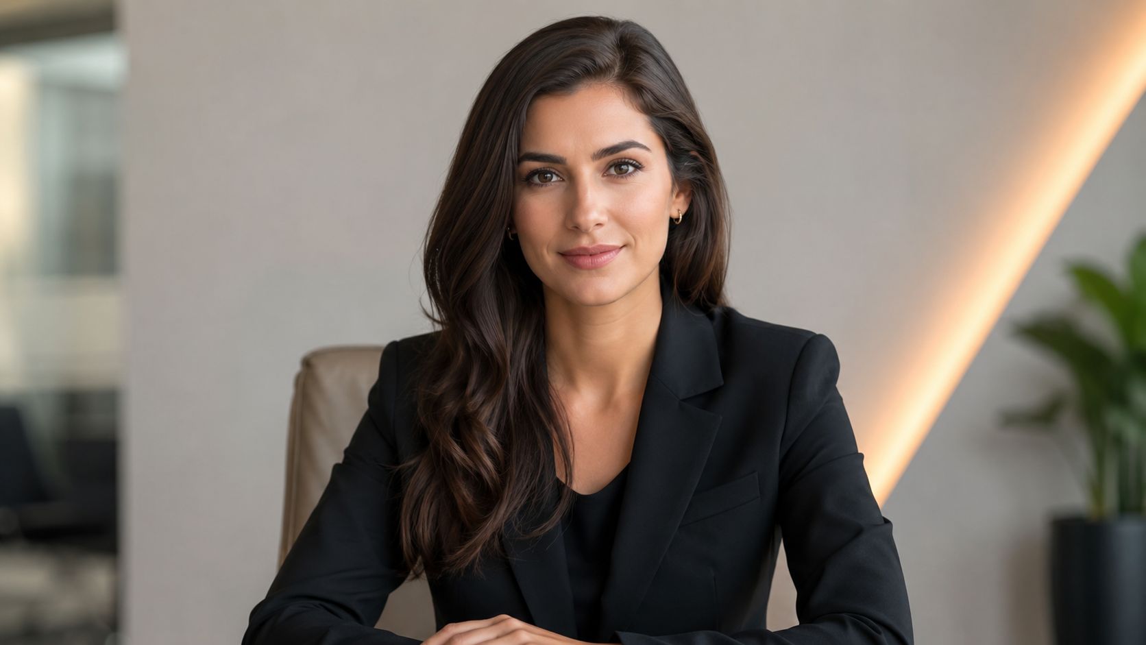 A professional woman with dark hair wearing a black suit, sitting in a modern corporate office.