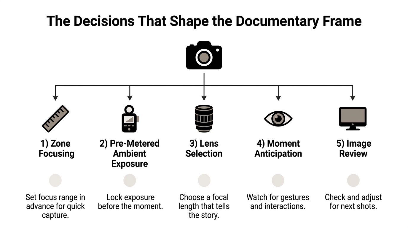 An infographic detailing five key camera decisions essential for capturing a professional documentary style photography shot.