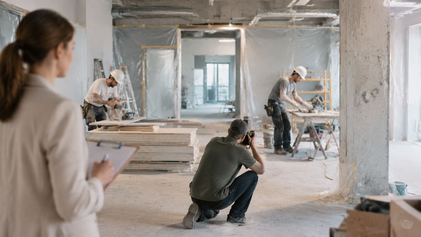 A professional photographer documents construction workers renovating an interior space while a woman observes with a clipboard.