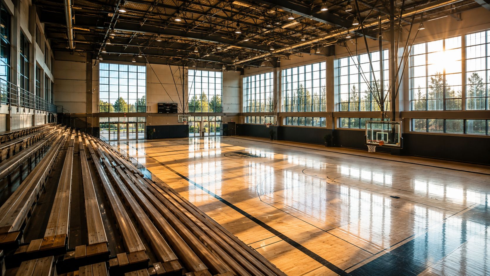 A brightly lit, empty basketball court with wooden floors and tall windows inside a modern indoor gymnasium.