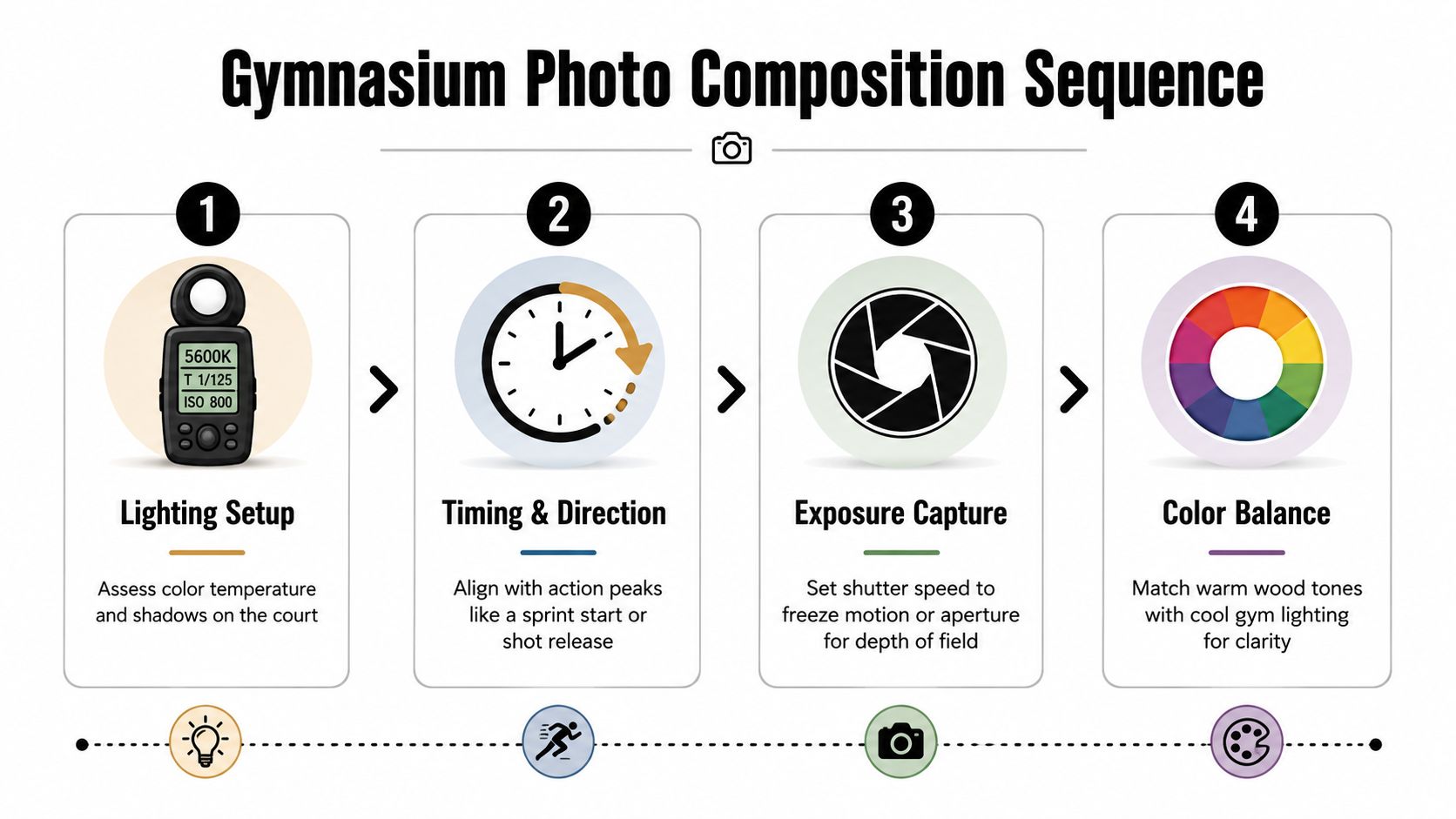 A four-step infographic showing the gymnasium photography process from lighting setup to final color balance.