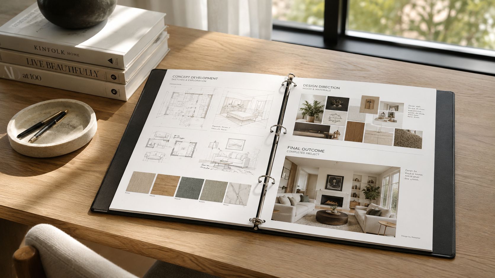 An open interior design portfolio binder resting on a wooden desk next to books and a pen dish.