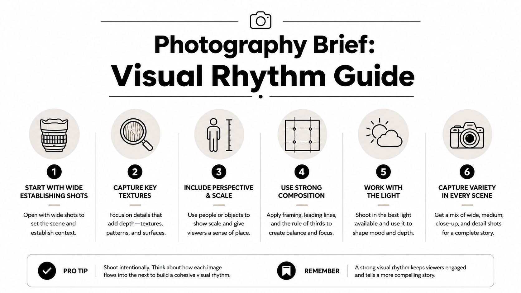 A professional infographic titled Photography Brief Visual Rhythm Guide illustrating six essential steps for creating cohesive photography.
