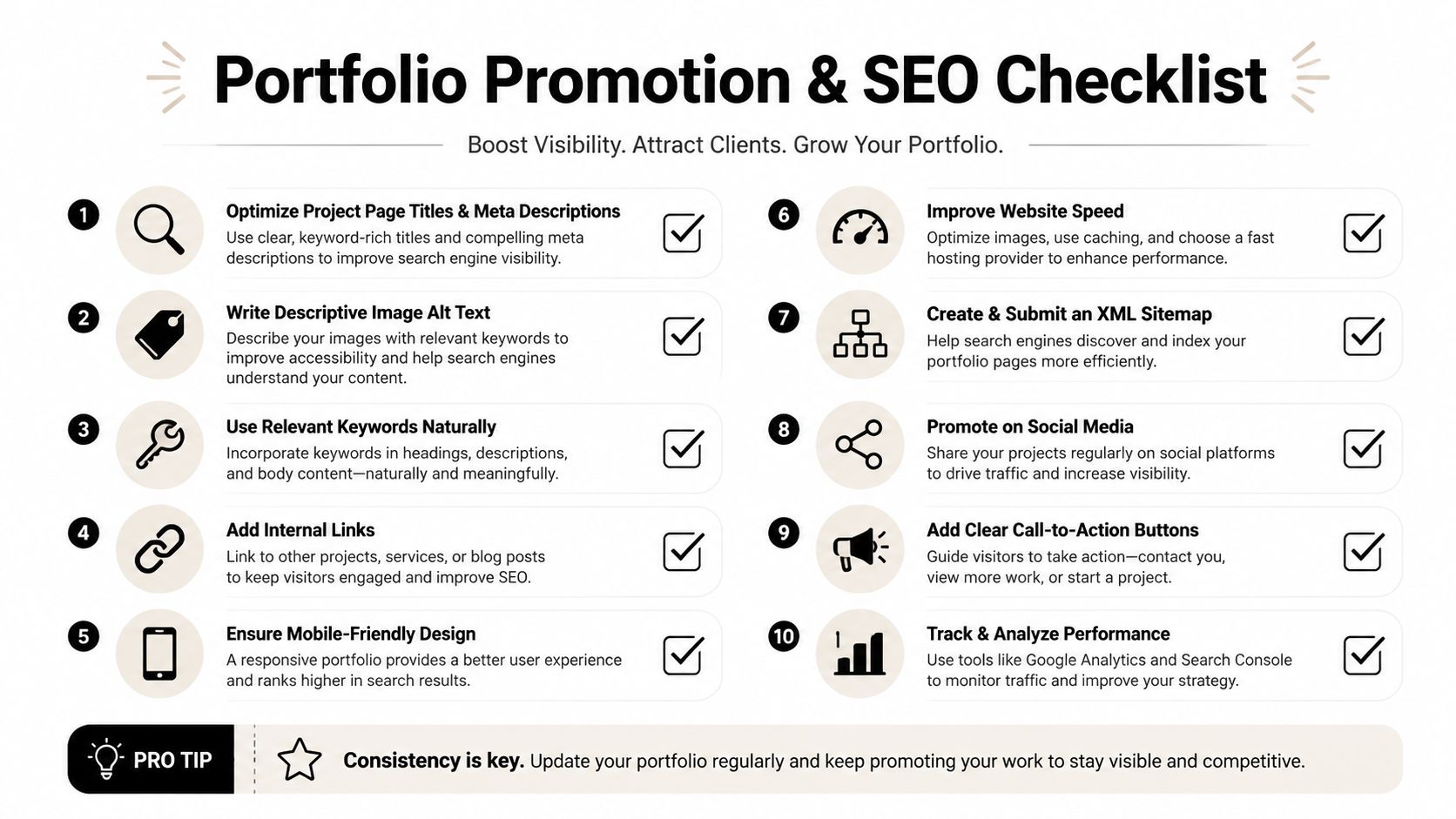 A ten-point SEO checklist for designers to improve their portfolio website visibility and attract new clients.