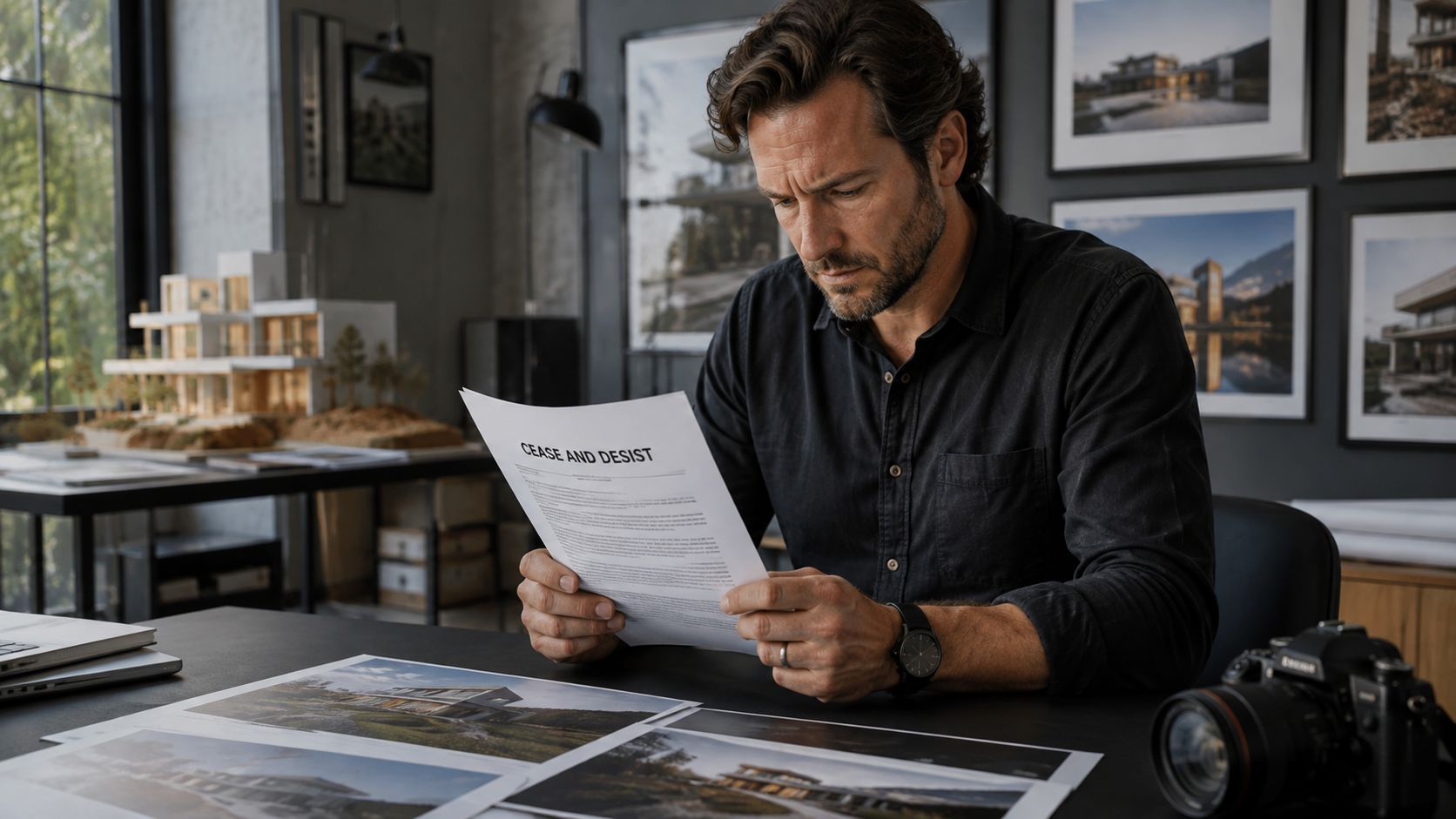 A professional architect sitting at his desk reviewing a legal cease and desist letter.