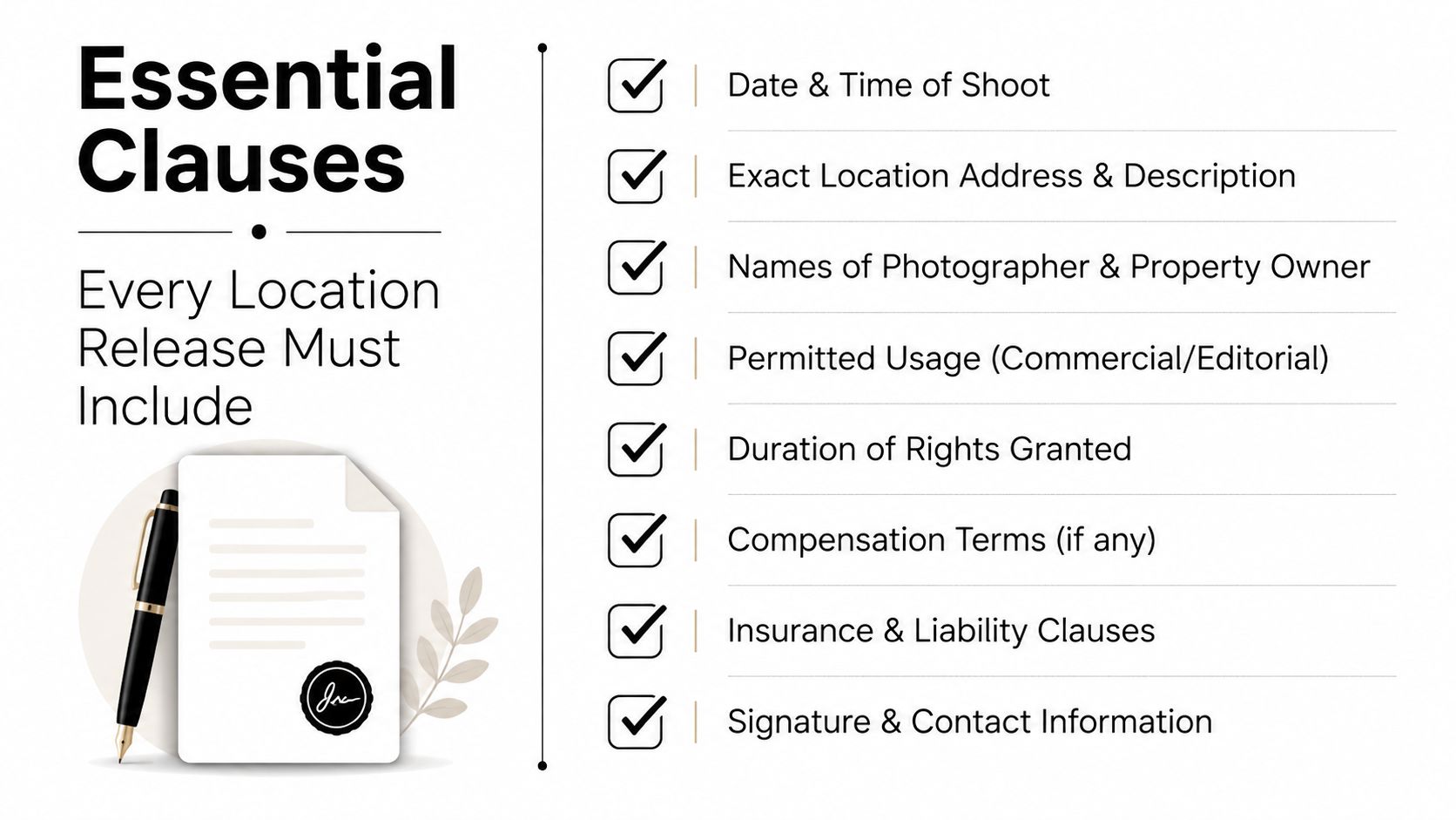 A checklist infographic outlining the essential clauses required for a professional location release agreement for photography.