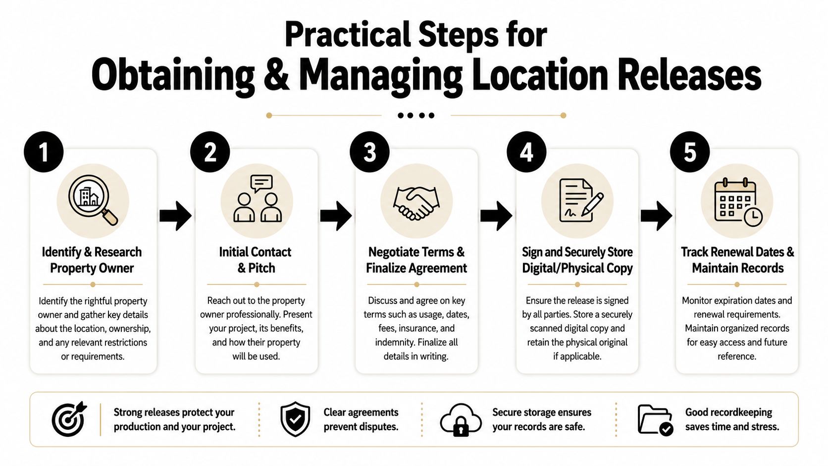 A five-step infographic guide detailing the practical process for obtaining and managing property location release forms.