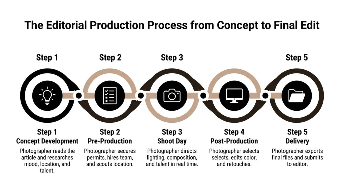 A five-step infographic showing the professional editorial production process for photographers from concept to delivery.