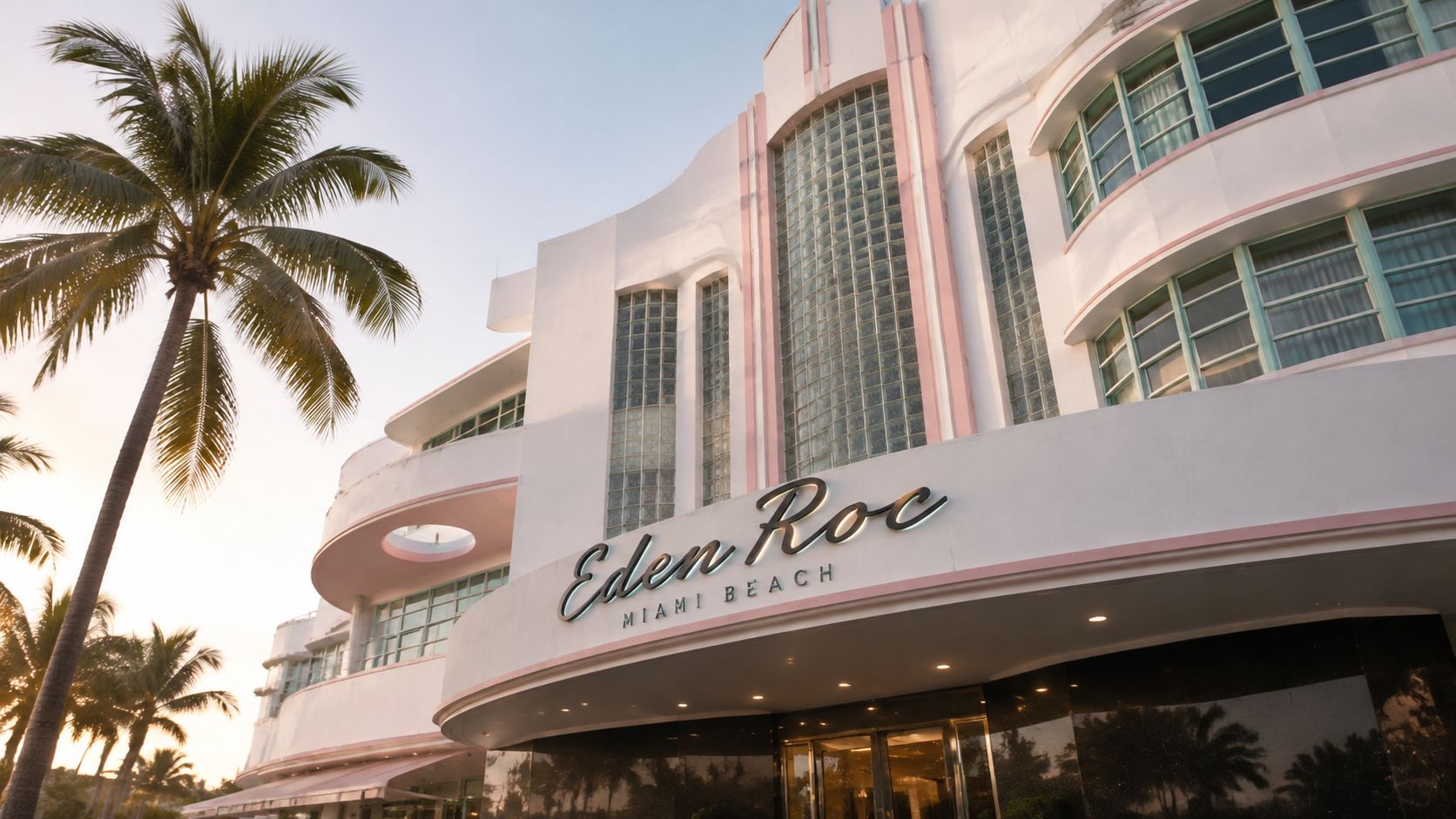 The iconic art deco exterior of the Nobu Hotel at Eden Roc in Miami Beach, Florida.