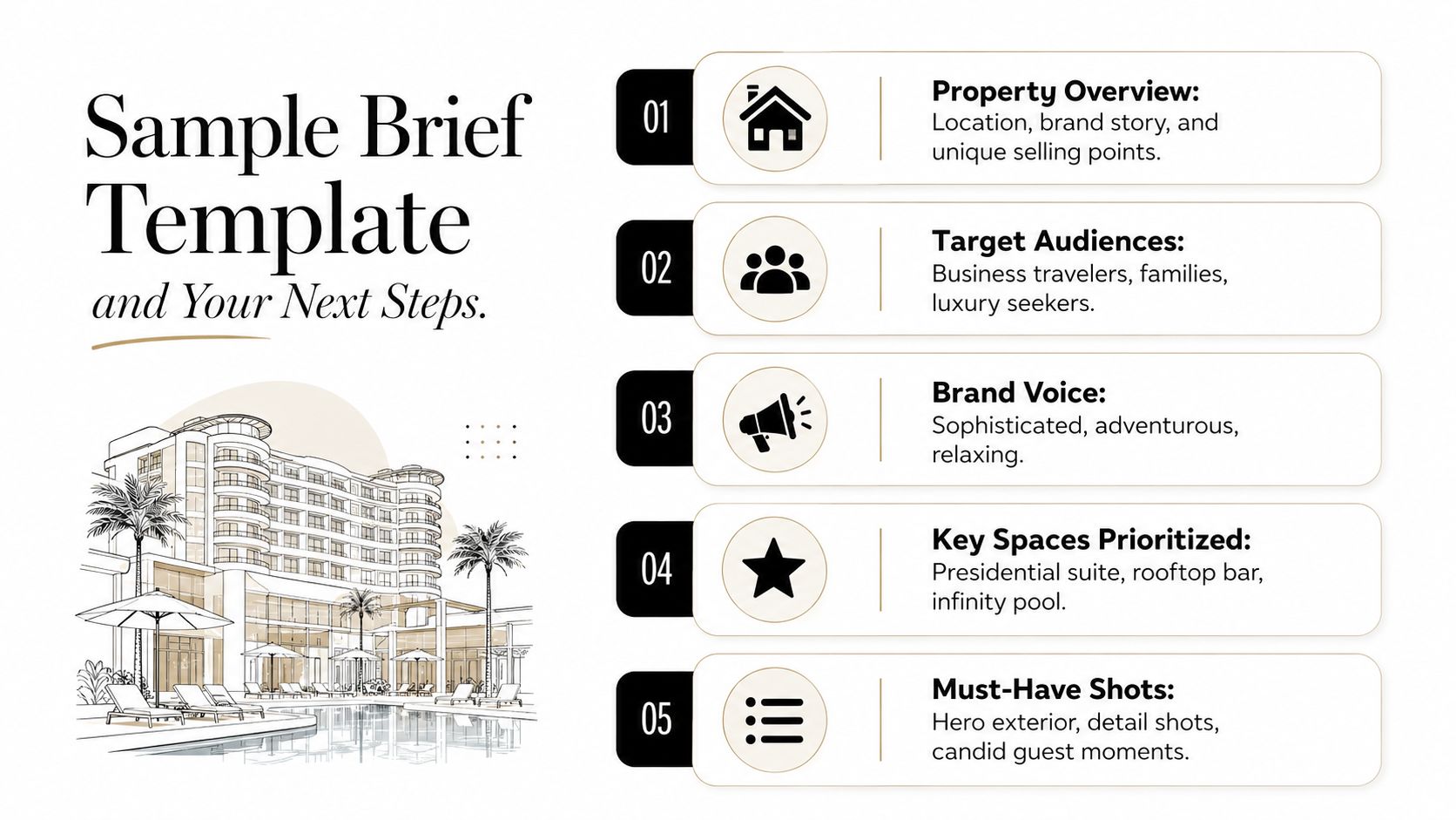 A creative template graphic outlining key components for a hotel photography brief, including property and audience details.