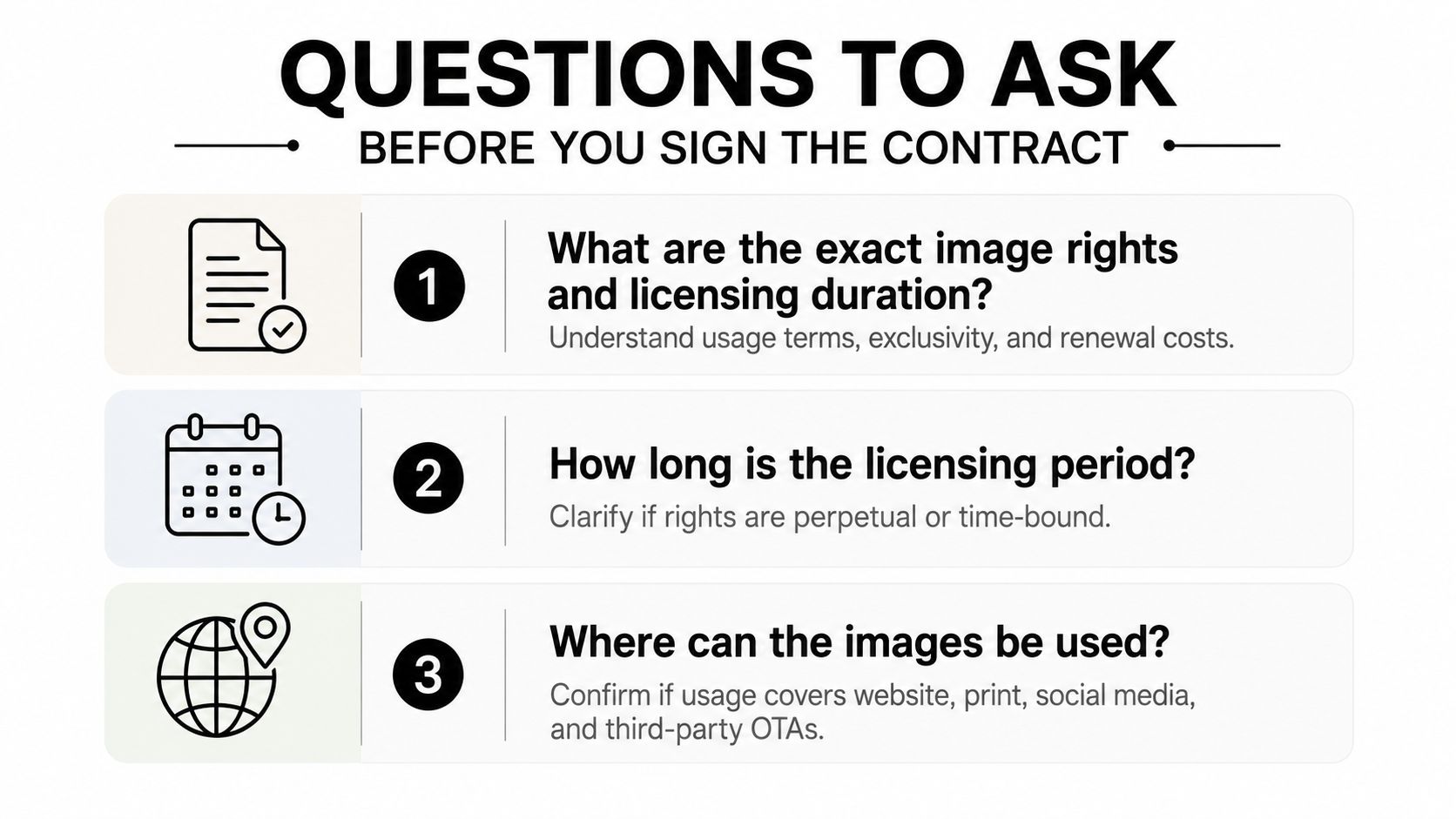 An infographic listing three essential questions to ask a photographer before signing a business contract.
