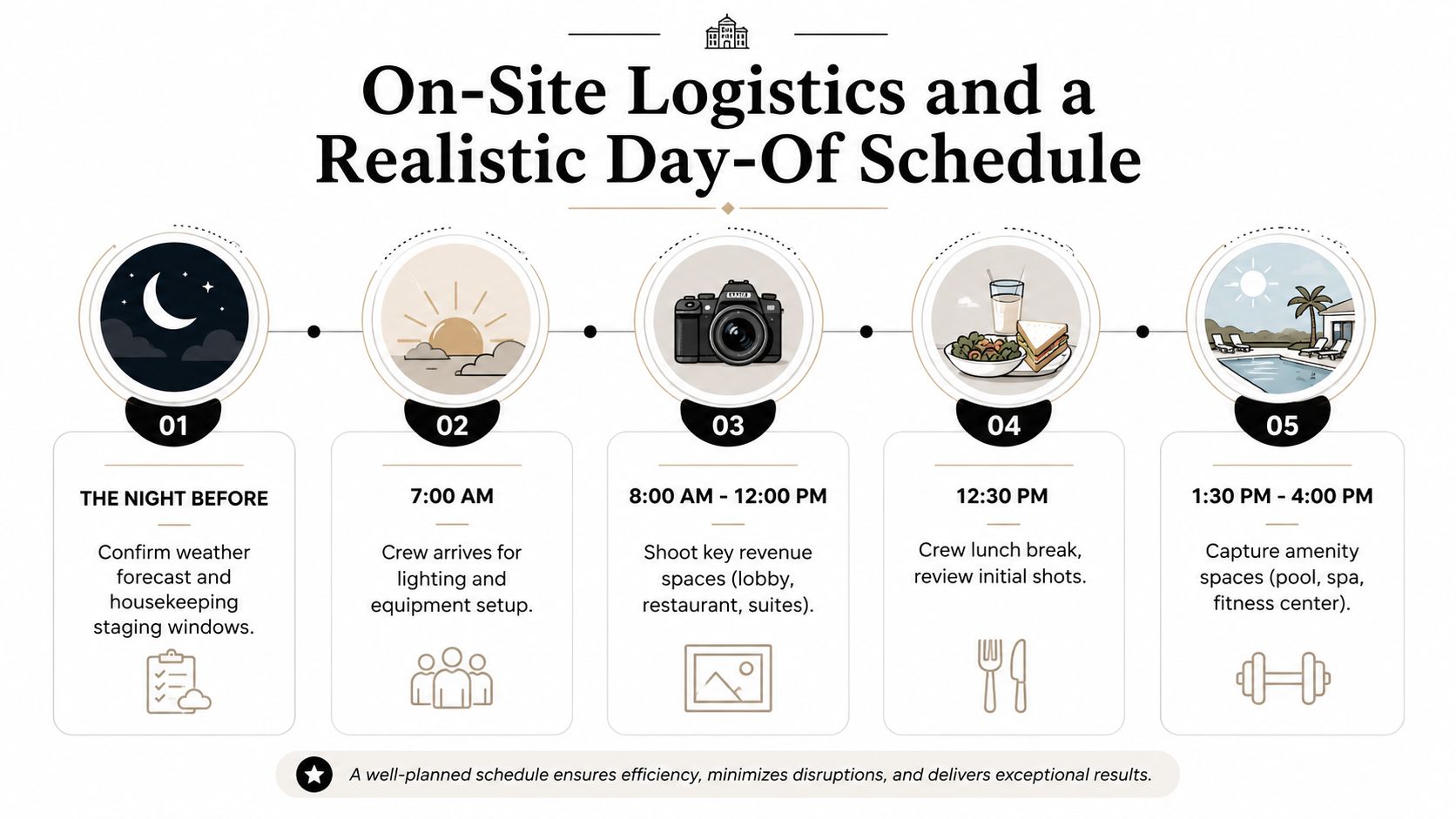 A professional infographic outlining a structured daily schedule for hotel photography and on-site logistics management.