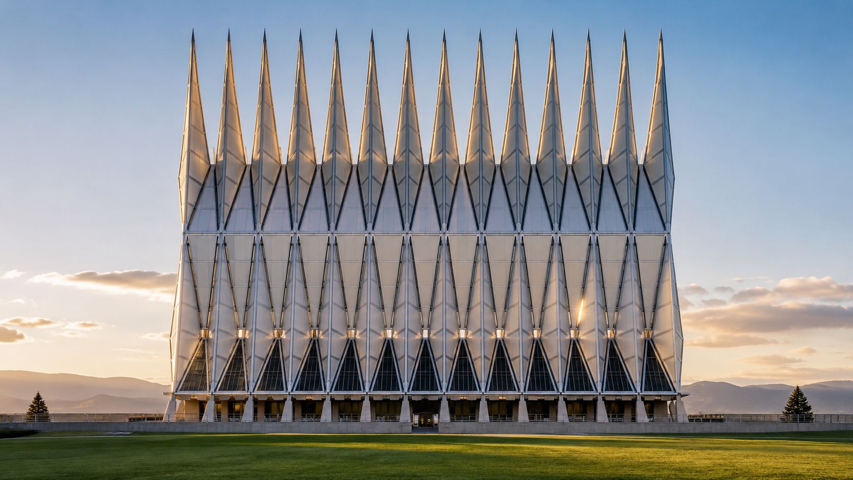 A wide angle view of the iconic United States Air Force Academy Cadet Chapel in Colorado Springs.