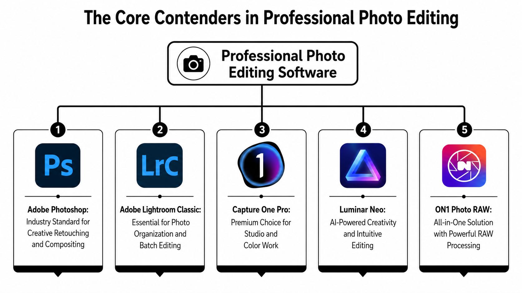 A diagram illustrating the top five professional photo editing software options for photographers.