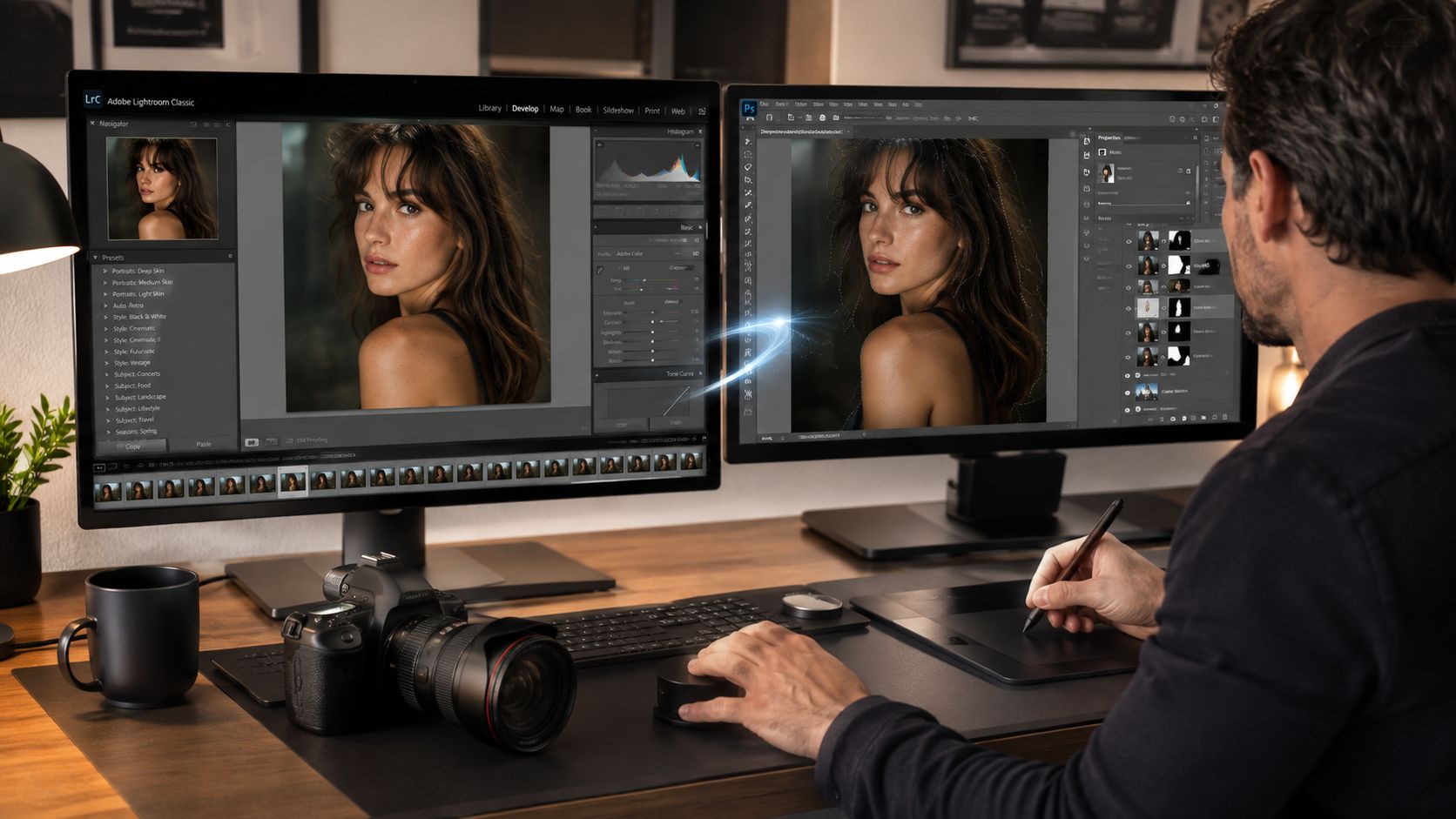 A professional photographer uses dual monitors to edit portrait photos with creative software at a workstation.