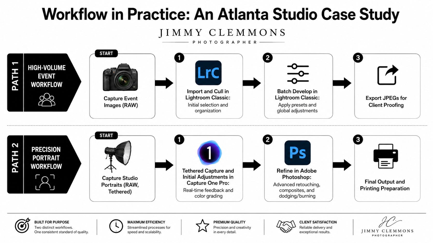 A diagram illustrating two professional photography workflows comparing high-volume event processing and precision studio portrait editing.