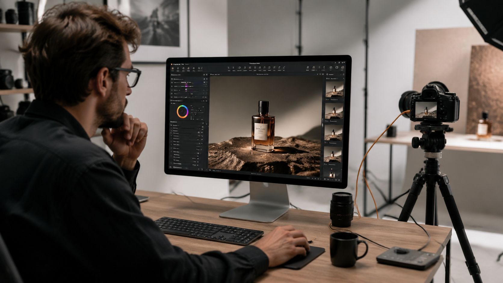 A professional photographer uses photo editing software on a computer to edit a perfume product photo.
