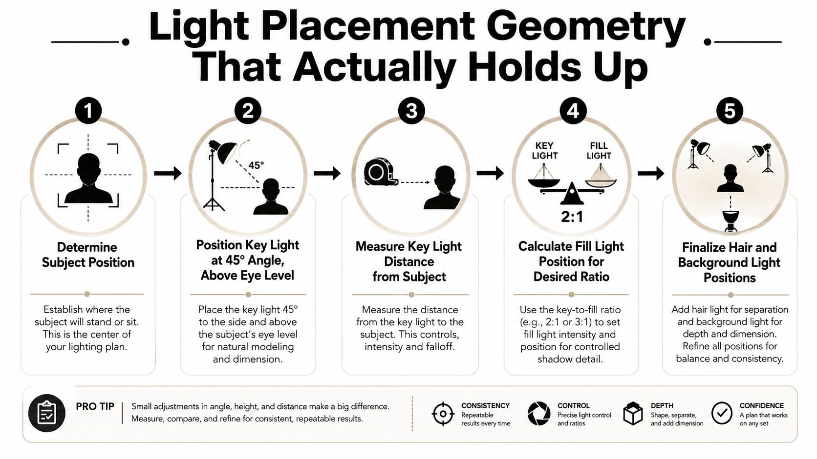 A five-step infographic showing the geometric process for setting up professional portrait studio lighting setups.
